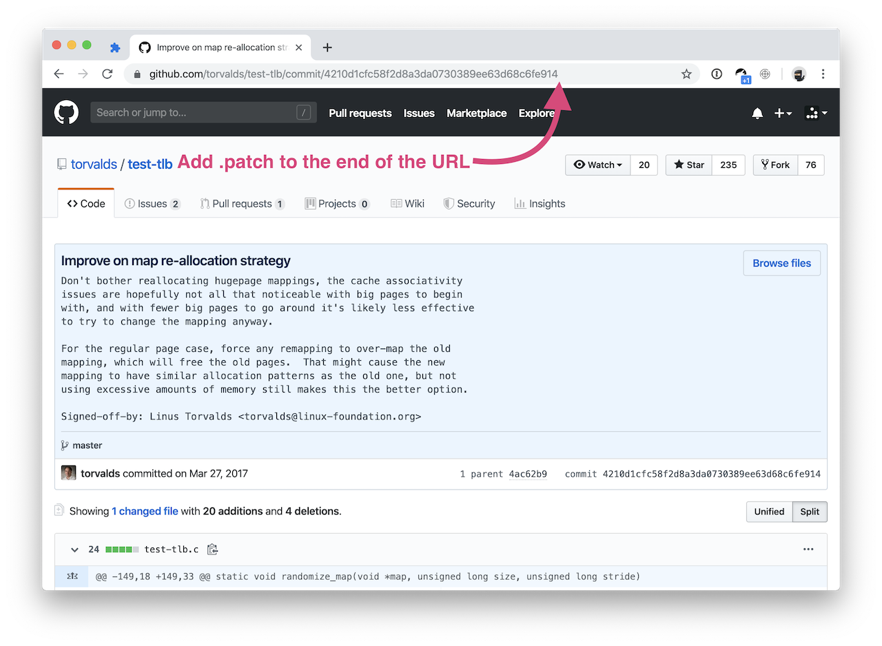 Ignore the commit view and add .patch to the end of the URL.