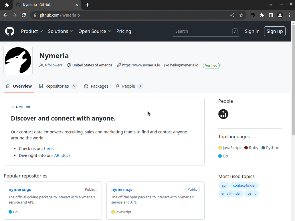 The Nymeria extension logging in and finding contact information.