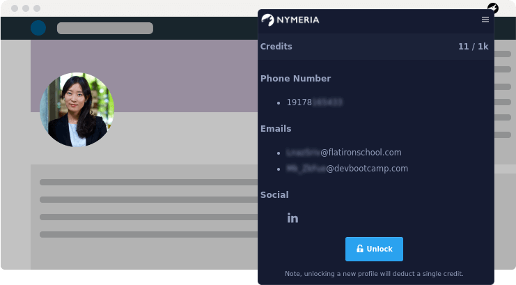 Nymeria's browser plugin revealing contact information on a social media site like LinkedIn.