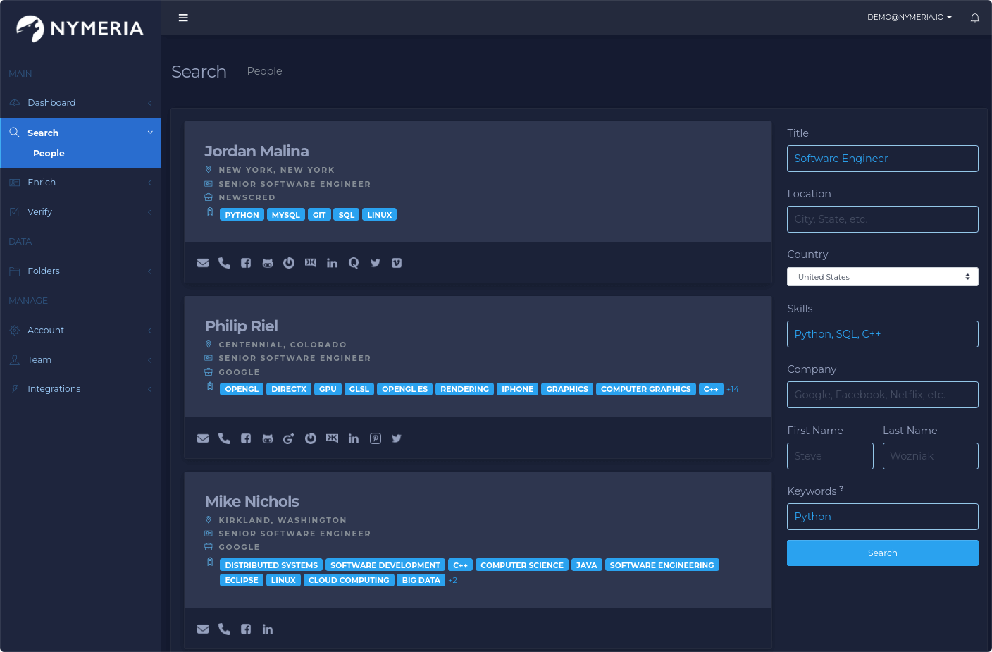 Nymeria search interface showcasing profiles of software engineers with skill tags